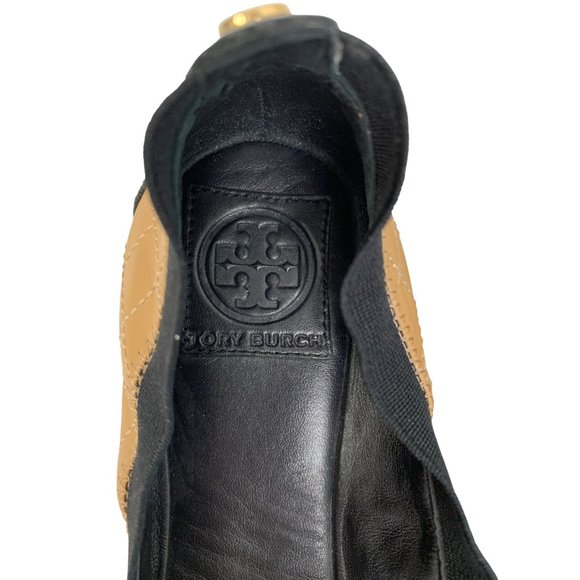 9.5 Tory Burch Quilt Scrunch Bridgette Leather Ballet Flats Black Toe Cap - Picture 5 of 12
